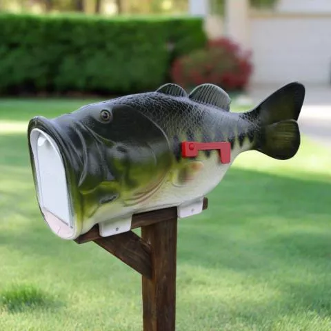 bespoke post box fish Rivers Edge Products Largemouth Bass Mailbox for Outside of Residential Home, Rural Mailbox Constructed of Metal with a Plastic Overmold, UV Resistant, Includes Tamper Resistant Mounting Hardware Our unique and improved UV protection prevents fading Fishing Lure Mailbox 