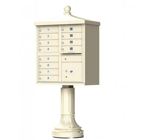 Florence 12 Door Cluster Mailbox CBU with 1 Parcel Locker, Decorative Finial and Pedestal Included