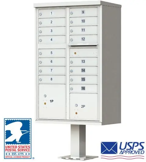 16 Door High Security USPS Cluster Mailbox CBU with 2 Parcel Lockers, Pedestal Included