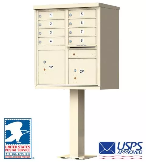 8 Door USPS Cluster Mailbox CBU with 2 Parcel Lockers, Pedestal Included