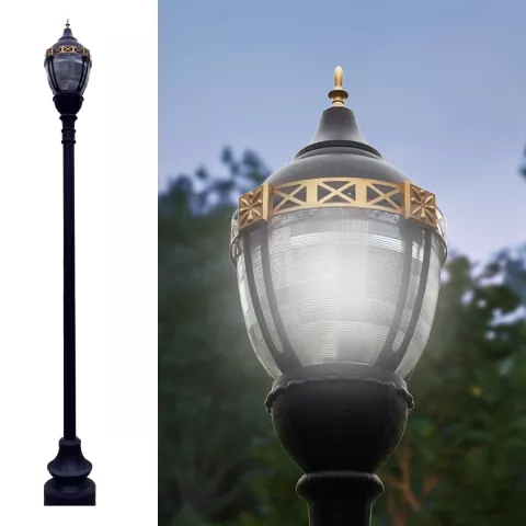 Premier Municipal Quality LED Street Light Fixture, Pole, and Pedestal Combo with Gold Trim