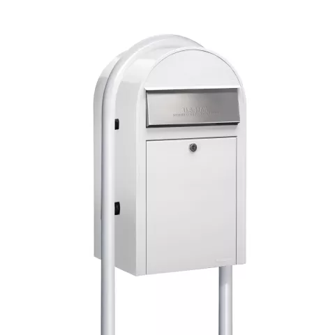USPS Approved Bobi Grande Front Access Modern Locking White Mailbox with Stainless Steel Mail Slot and Round White Post Combo