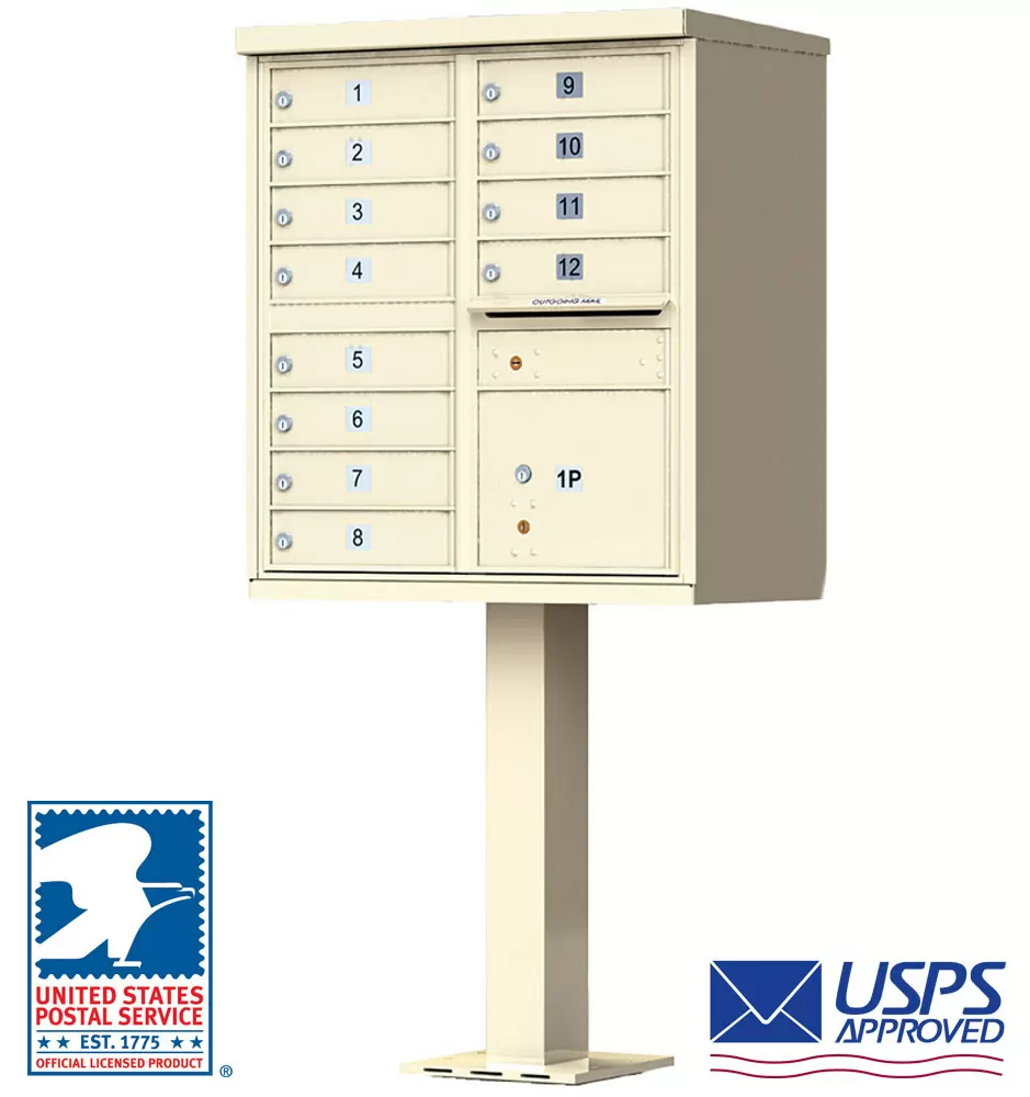 12 Door USPS Cluster Mailbox CBU with 1 Parcel Locker, Pedestal Included