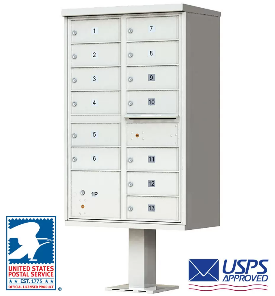 13 Door High Security USPS Cluster Mailbox CBU with 1 Parcel Locker, Pedestal Included