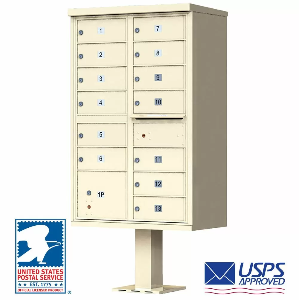 13 Door USPS Cluster Mailbox CBU with 1 Parcel Locker, Pedestal Included