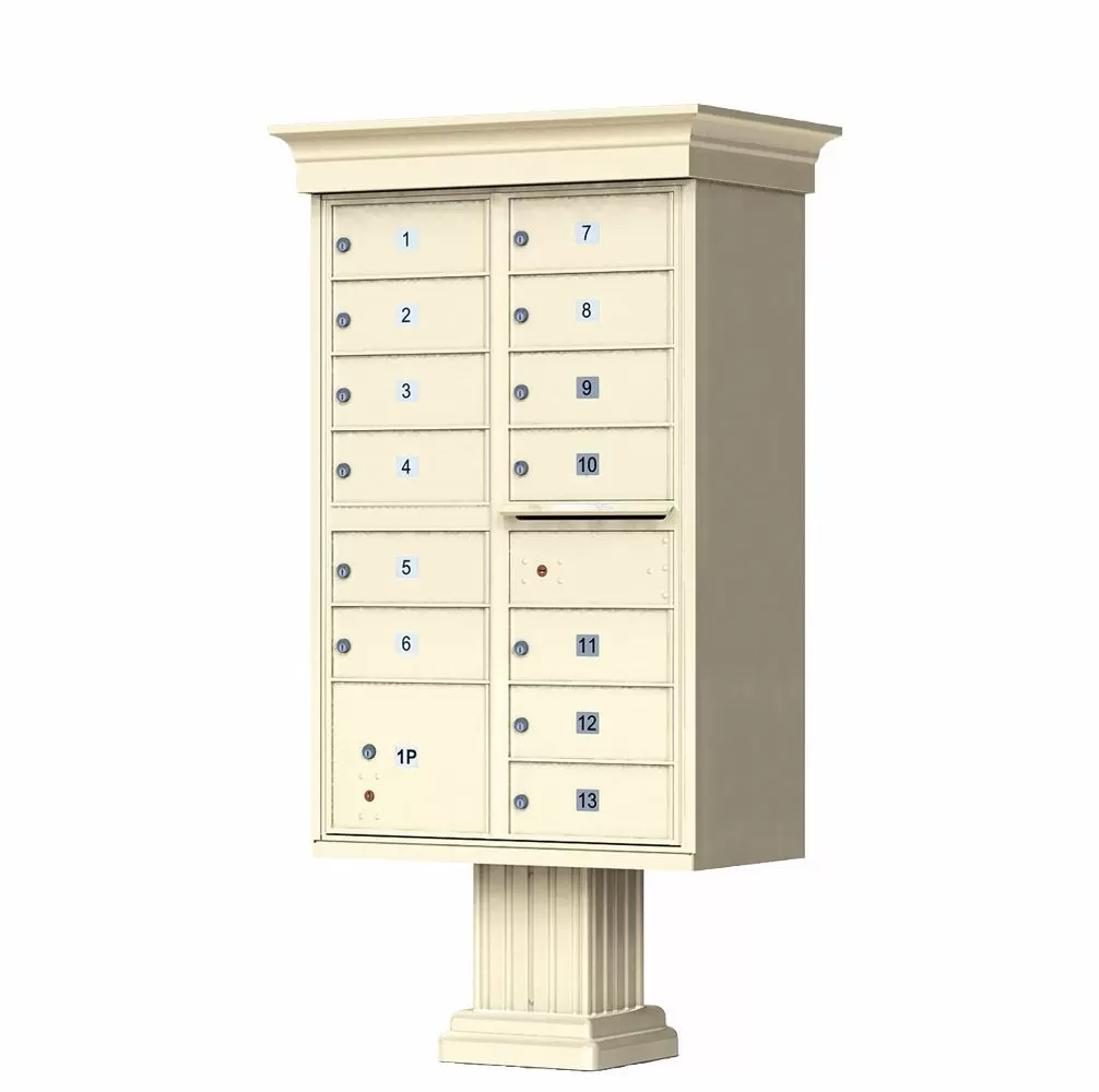 13 Door Cluster Mailbox CBU with 1 Parcel Locker, Decorative Crown and Column Pedestal Included, by Florence - USPS Approved