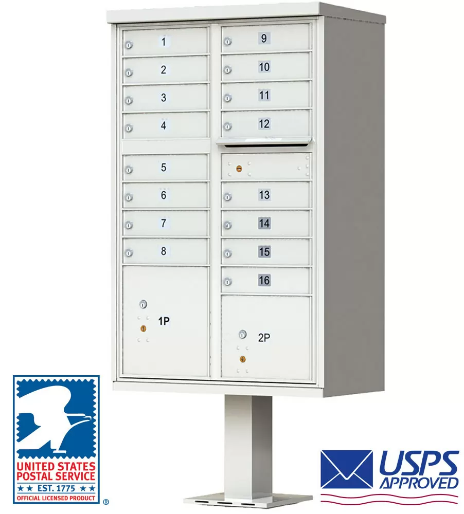 16 Door High Security USPS Cluster Mailbox CBU with 2 Parcel Lockers, Pedestal Included