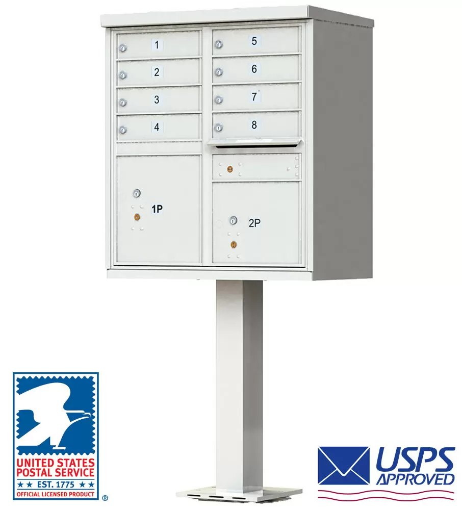8 Door High Security USPS Cluster Mailbox CBU with 2 Parcel Lockers, Pedestal Included