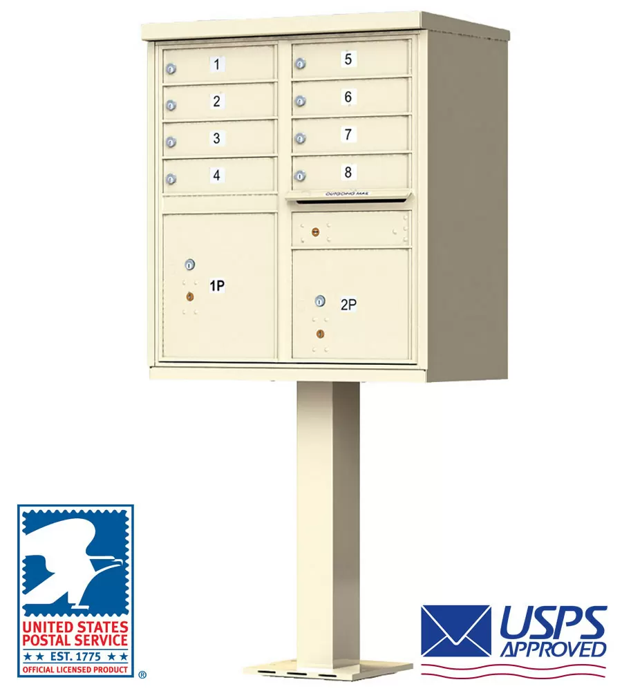 Florence 8 Door USPS Cluster Mailbox with 2 Parcel Lockers, Pedestal Included