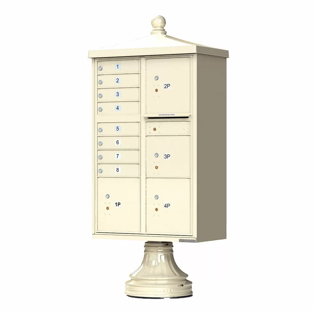 Florence 8 Door Cluster Mailbox CBU with 4 Parcel Lockers, Decorative Finial and Pedestal Included