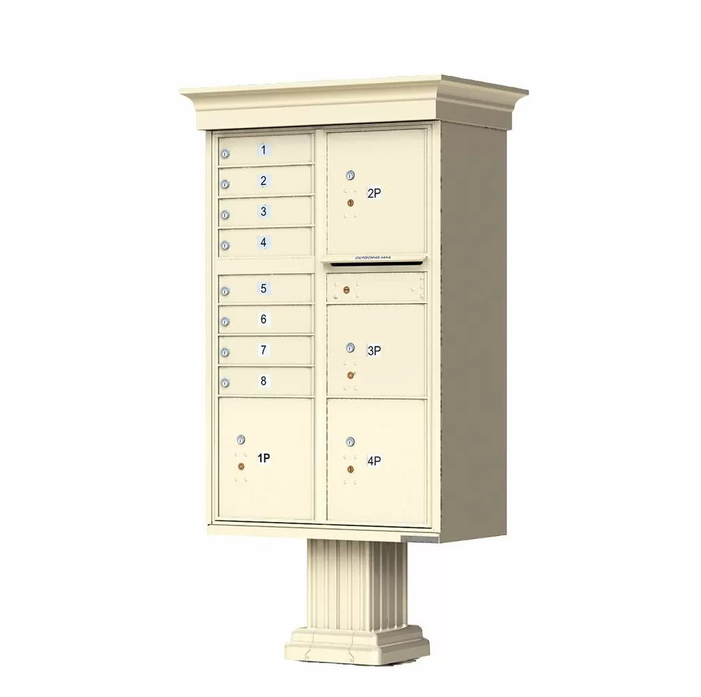Florence 8 Door Cluster Mailbox CBU with 4 Parcel Lockers, Decorative Crown and Pedestal Included