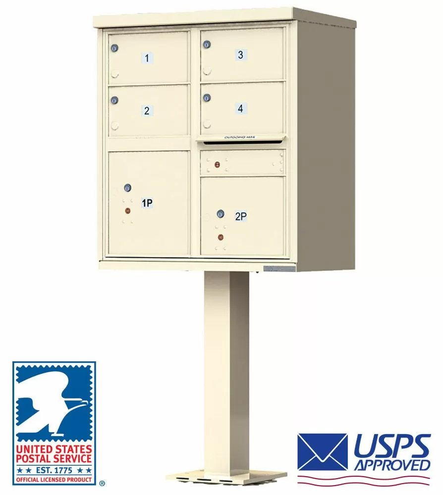 Florence 4 Door USPS Cluster Mailbox with 2 Parcel Lockers, Pedestal Included