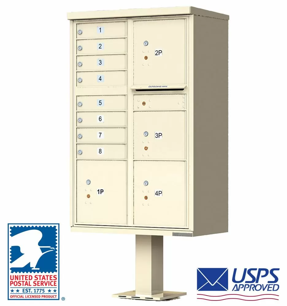 Florence 8 Door USPS Cluster Mailbox with 4 Parcel Lockers, Pedestal Included