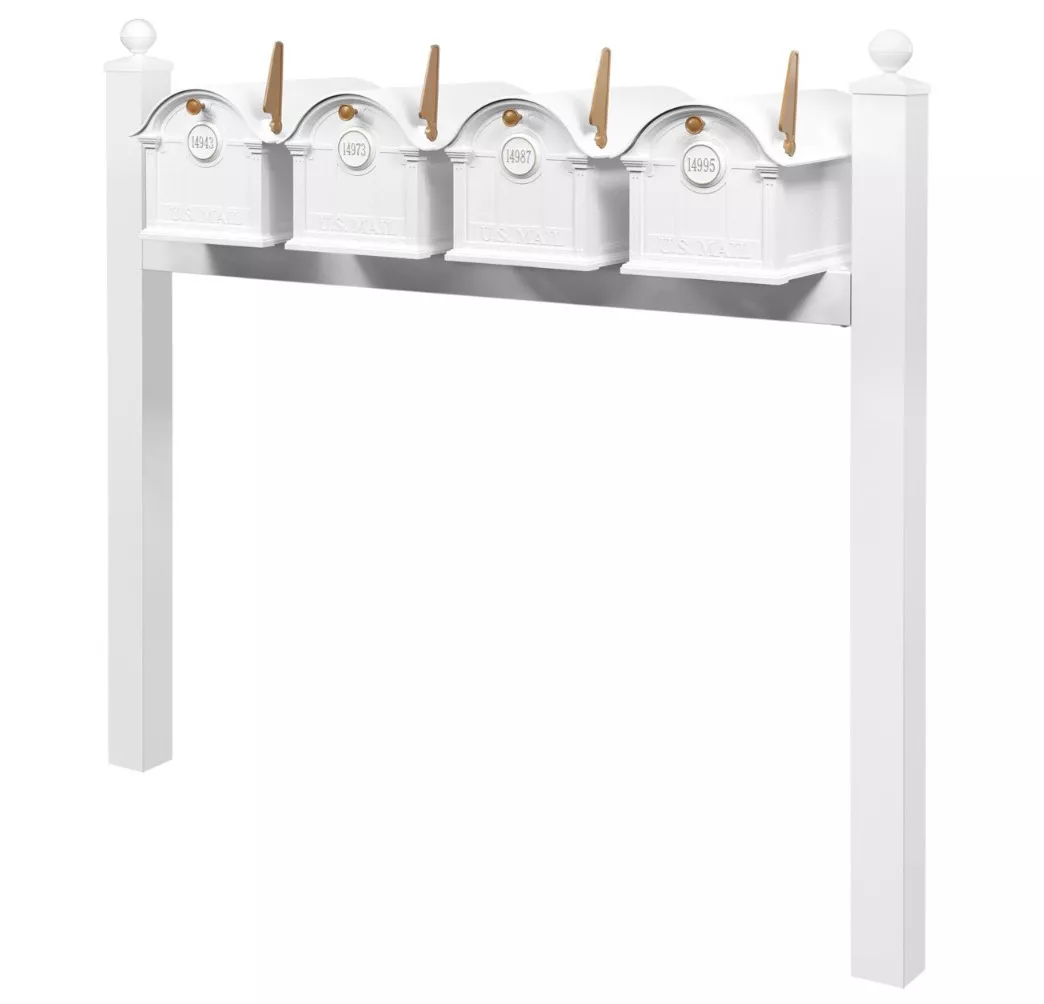 Balmoral Quad Mount Mailbox Set with Personalized Door Medallions & Ball Finials – Available in Black, Bronze, and White