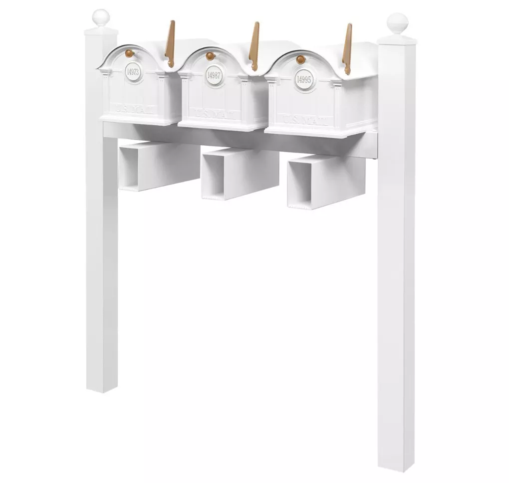 Balmoral Triple Mount Mailbox Set with Personalized Door Medallions, Newspaper Holders & Ball Finials – Available in Black, Bronze, and White