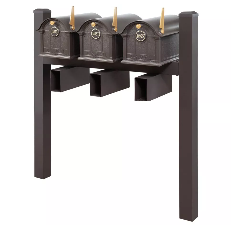 Balmoral Triple Mount Mailbox Set with Personalized Door Medallions, Newspaper Holders & Cap Finials – Available in Black, Bronze, and White