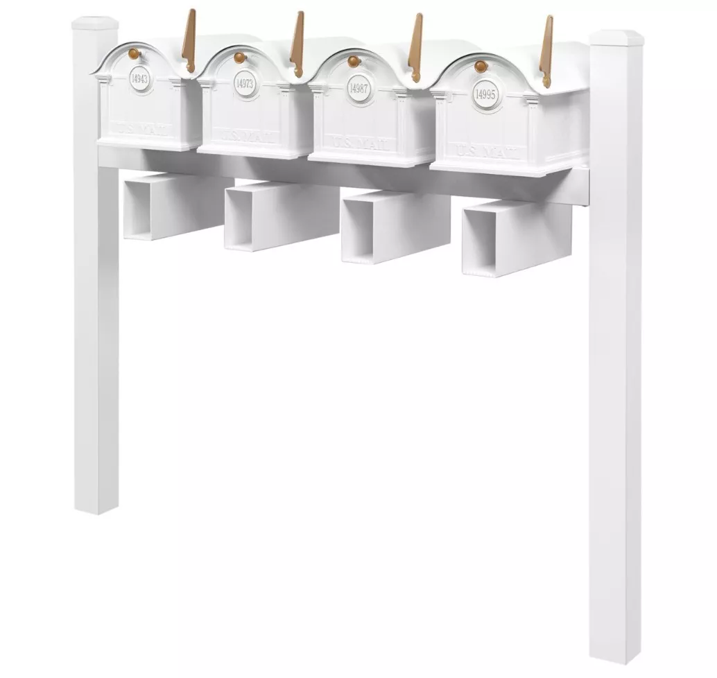 Balmoral Quad Mount Mailbox Set with Personalized Door Medallions, Newspaper Holders & Cap Finials – Available in Black, Bronze, and White