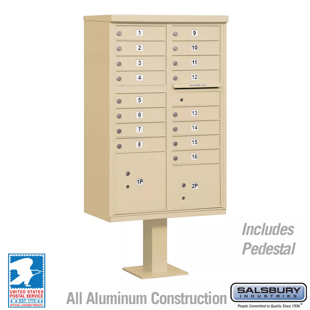 Salsbury 3316-U 16 Door Cluster Mailbox Premium Package with Pedestal and Installation Hardware