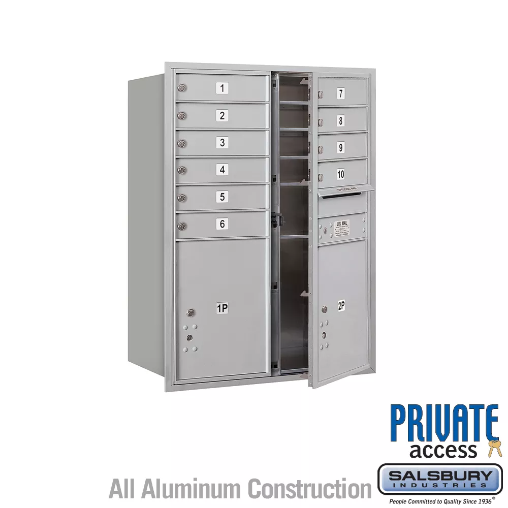 Salsbury 11 Door High Recessed Mounted 4C Horizontal Mailbox with 10 Doors and 2 Parcel Lockers with Private Access - Front Loading