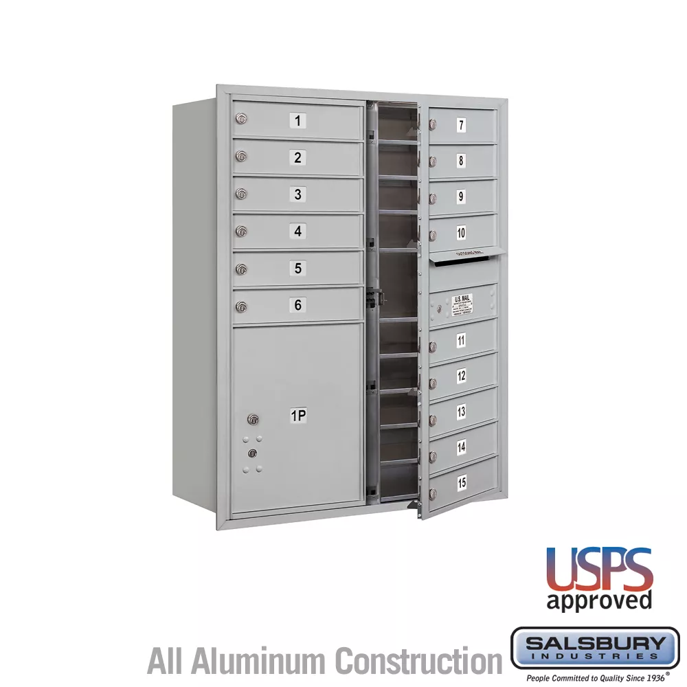 Salsbury 11 Door High Recessed Mounted 4C Horizontal Mailbox with 15 Doors and 1 Parcel Locker with USPS Access - Front Loading