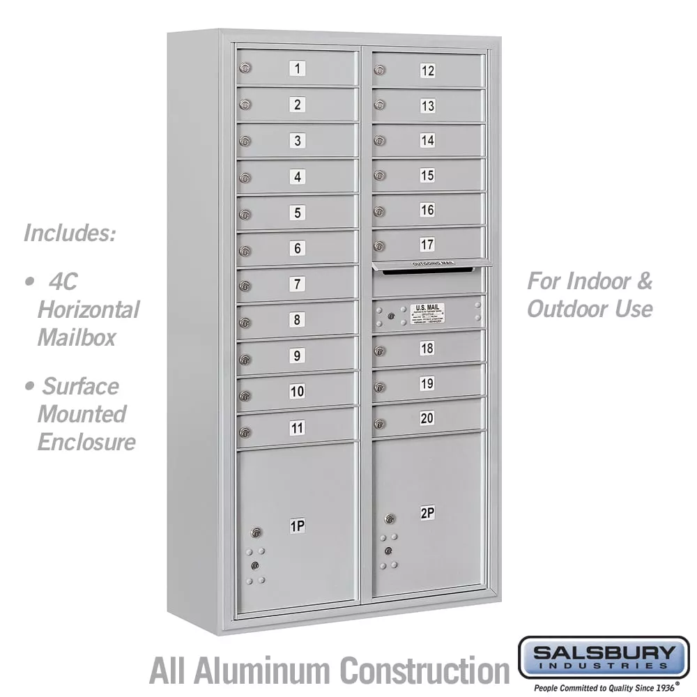 Salsbury Maximum Height Surface Mounted 4C Horizontal Mailbox with 20 Doors and 2 Parcel Lockers with USPS Access 