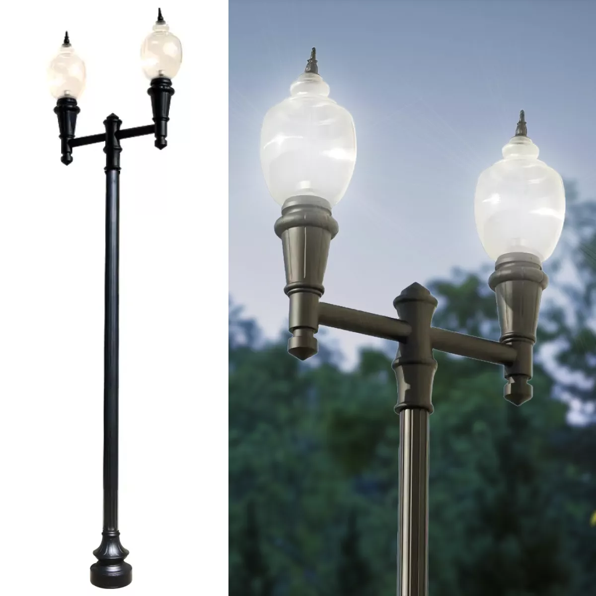 Double Head Municipal Quality LED Street Light Fixture, Pole, and Pedestal Combo
