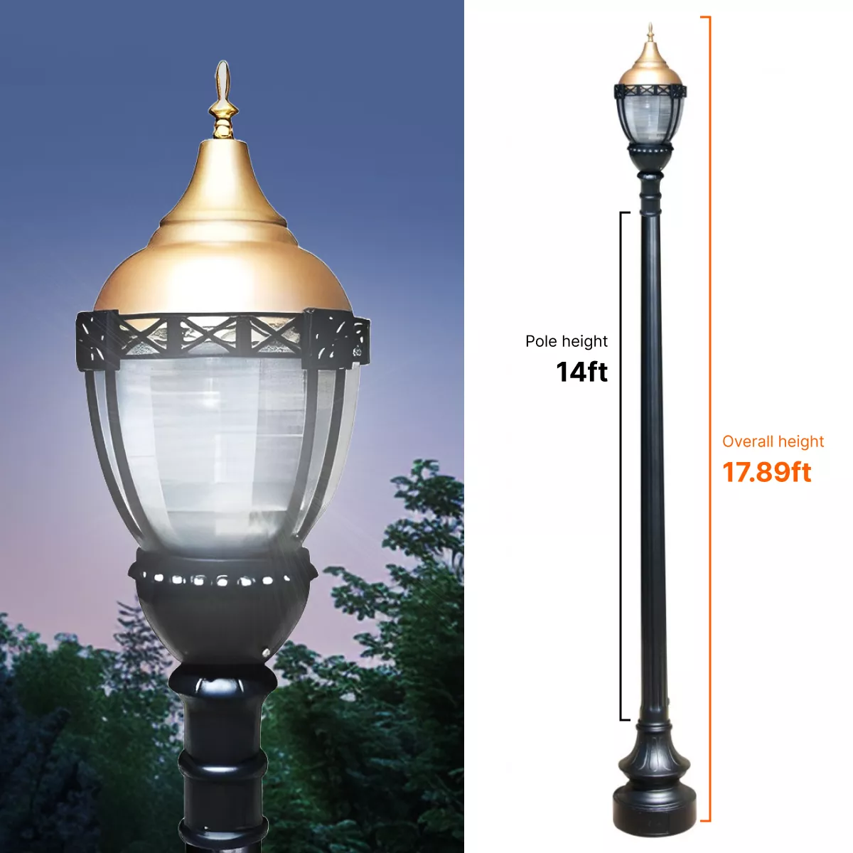 Premier Municipal Quality LED Street Light Fixture, 14ft Pole, and Pedestal Combo with Gold Globe