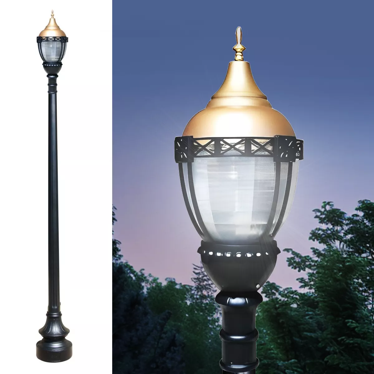 Premier Municipal Quality LED Street Light Fixture, Pole, and Pedestal Combo with Gold Globe