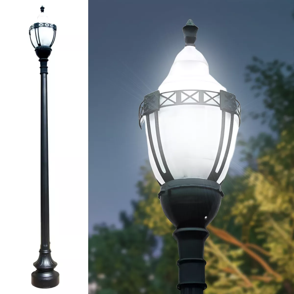 Premium Decorative Municipal Quality LED Street Light Fixture, Pole, and Pedestal Combo