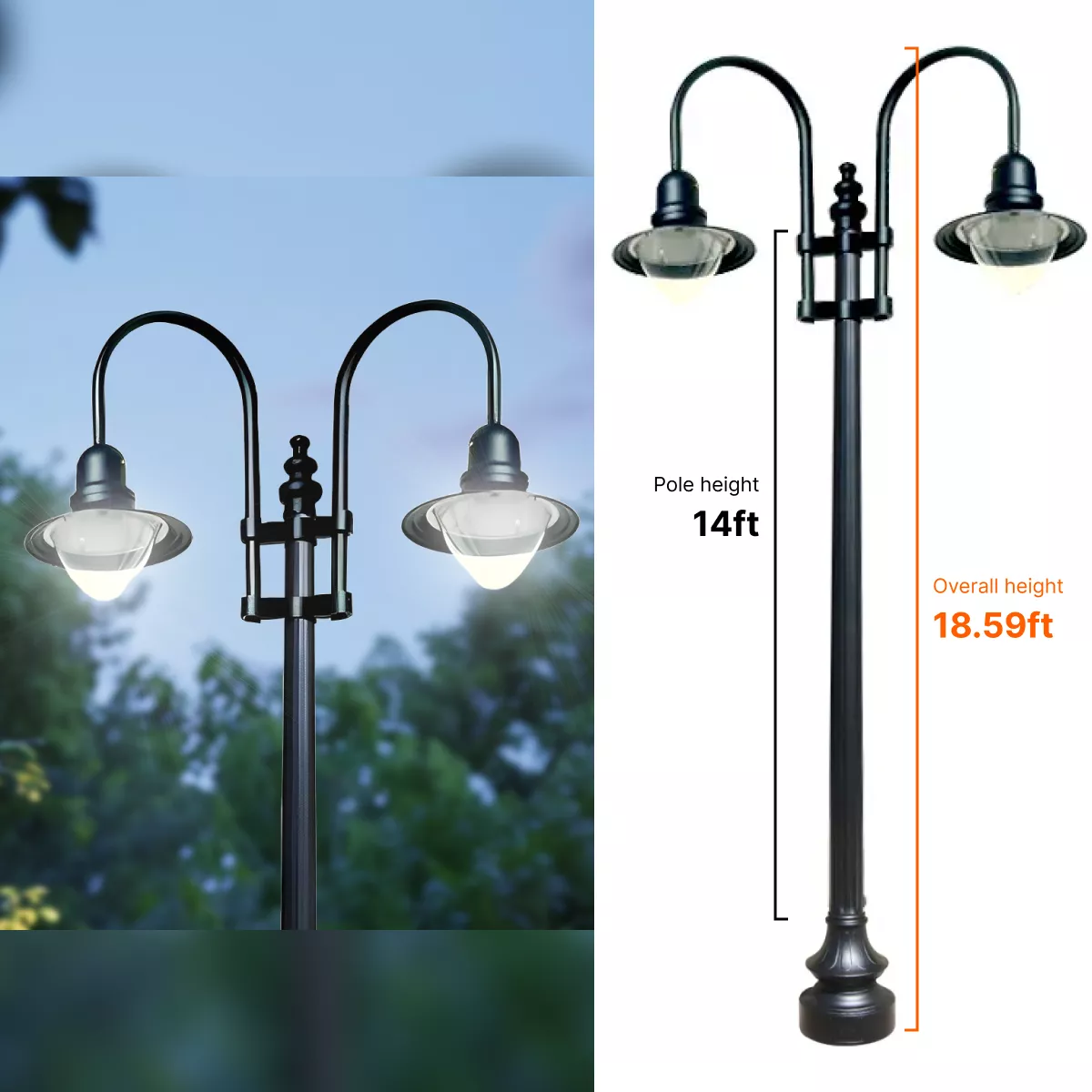 Double Fixture Dark Sky Municipal Quality LED Street Light Fixture, Pole, and Pedestal Combo With 14 Feet Pole