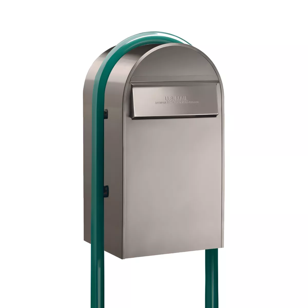 USPS Approved Bobi Grande B Rear Access Modern Locking Stainless Steel Mailbox with Round Green Post Combo - Secure Small Parcel Delivery