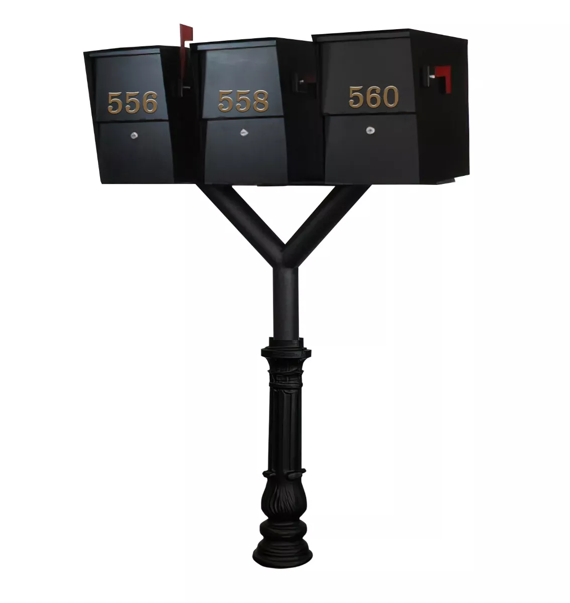 QualArc Penfield TRIPLE Mailbox Post System, base 7 with two Letter Sentry mailboxes Black