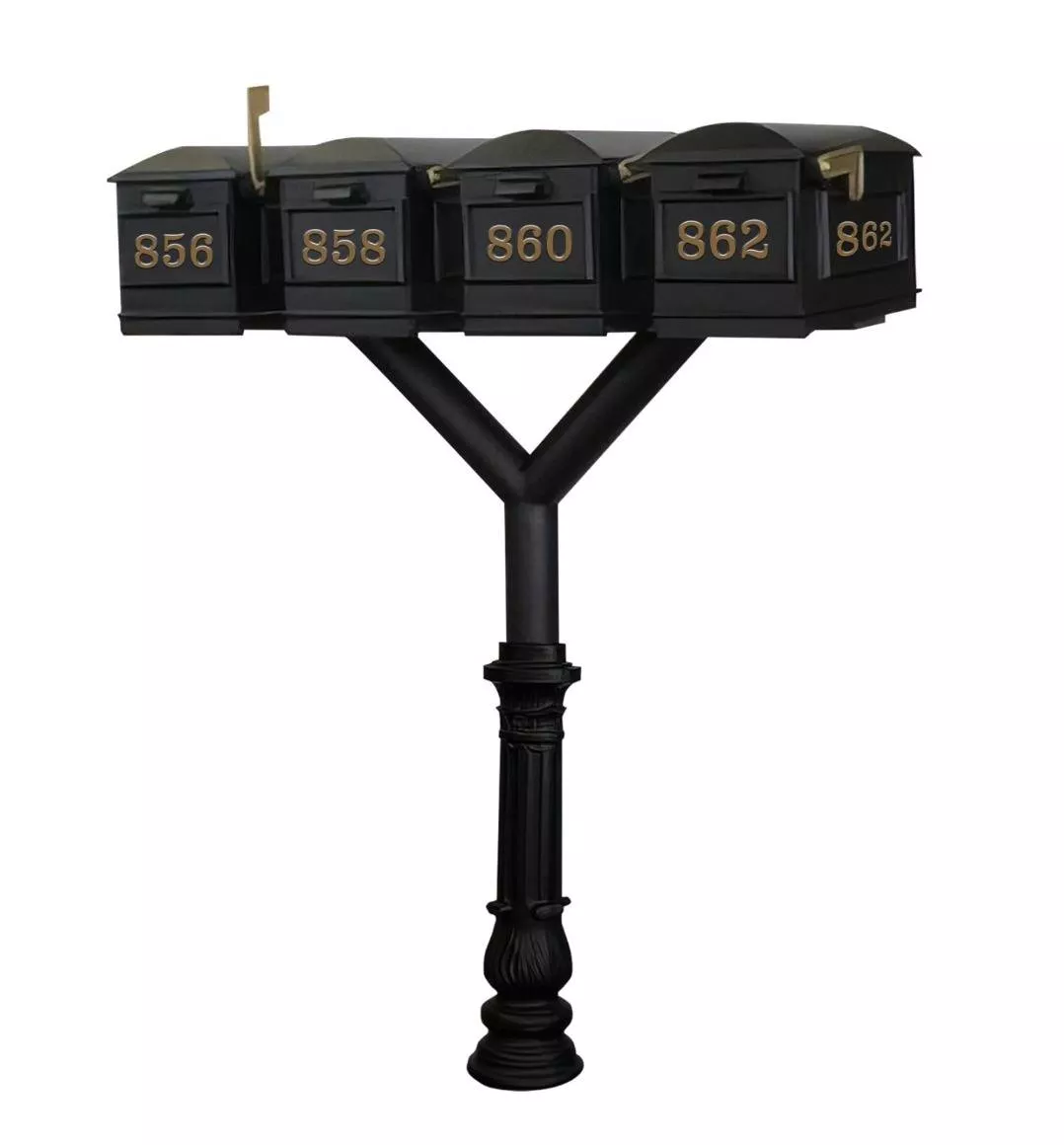 QualArc Penfield QUAD Mailbox Post System, base 7 with four Lewiston Mailboxes