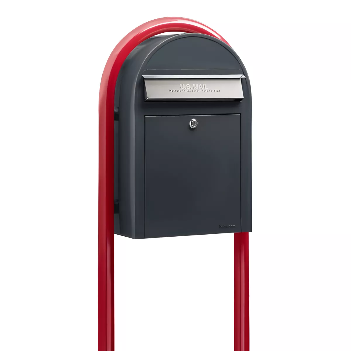 USPS Approved Bobi Classic Front Access Modern Locking Grey Mailbox with Stainless Steel Mail Slot and Round Red Post Combo