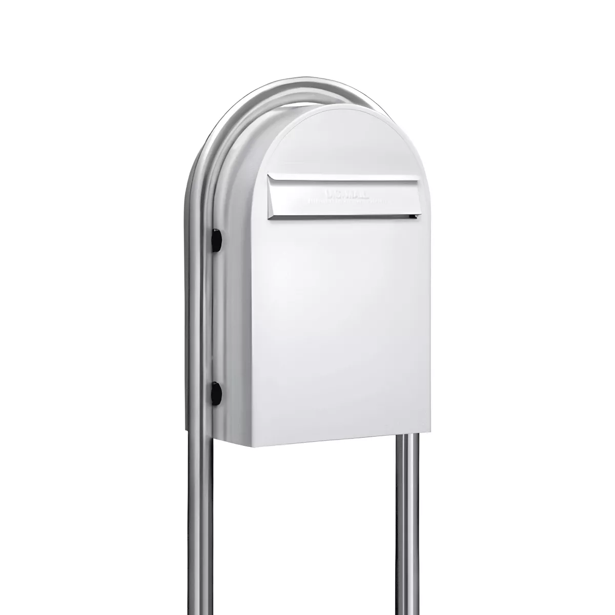 USPS Approved Bobi Classic B Rear Access Modern Locking White Mailbox and Round Stainless Steel Post Combo