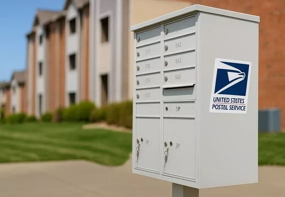 A sandstone cluster mailbox in an apartment neighborhood