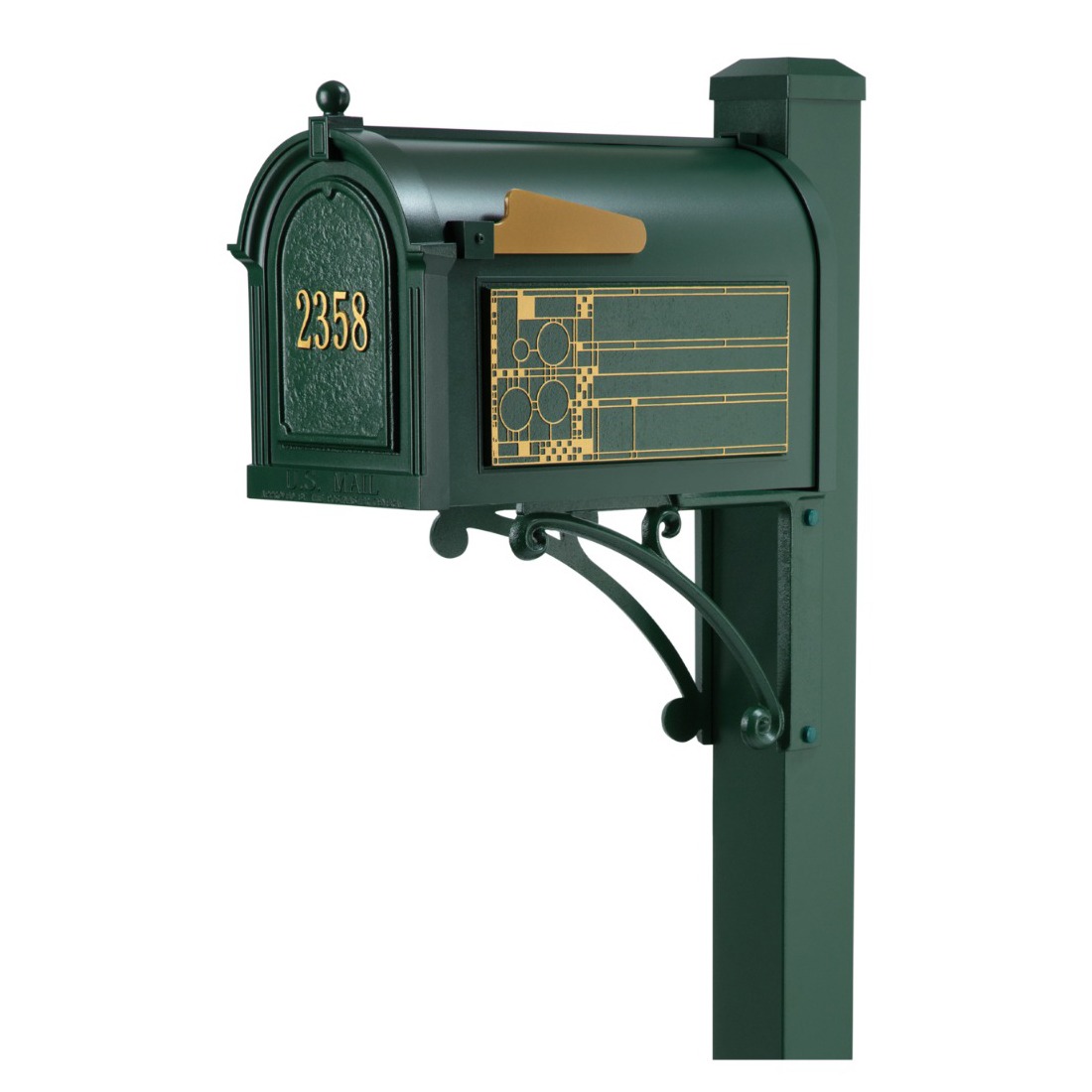 Whitehall Superior Mailbox Frank Lloyd Wright Coonley Package #1 (Capitol Mailbox, Superior Post, Personalized Door, Non-Personalized Coonley Side Plaques)