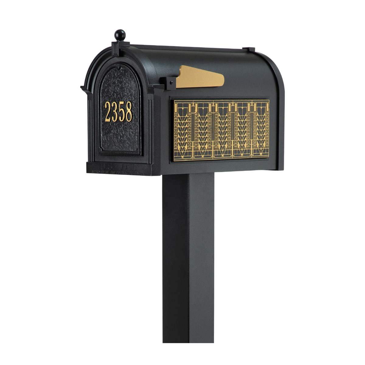 Whitehall Premium Mailbox Frank Lloyd Wright Tree Of Life Package #1 (Capitol Mailbox, Standard Post, Personalized Door, Non-Personalized Tree Of Life Side Plaques)