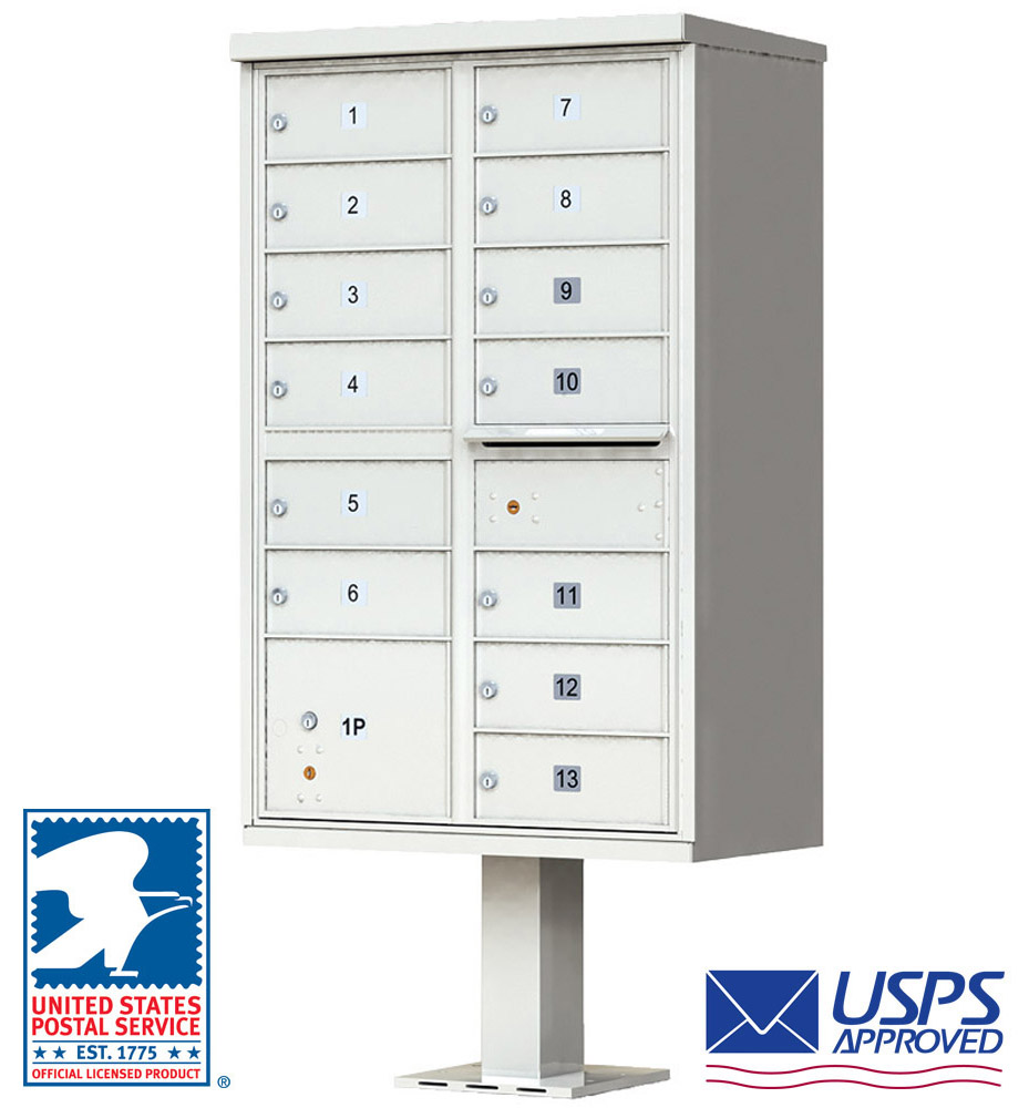 13 Door High Security USPS Cluster Mailbox CBU with 1 Parcel Locker, Pedestal Included