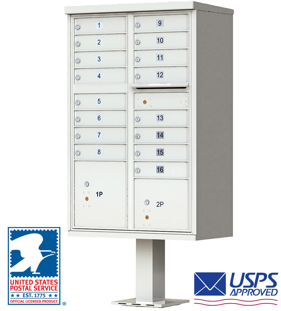 16 Door High Security USPS Cluster Mailbox CBU with 2 Parcel Lockers, Pedestal Included