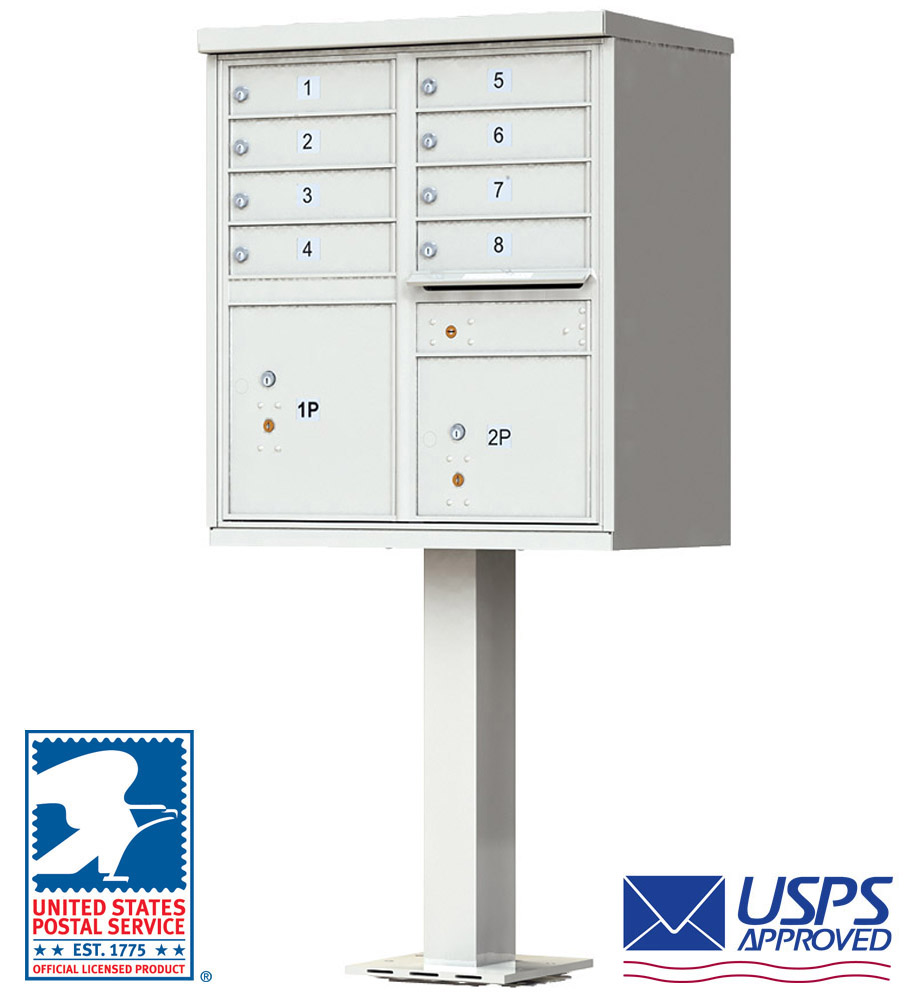 8 Door High Security USPS Cluster Mailbox CBU with 2 Parcel Lockers, Pedestal Included