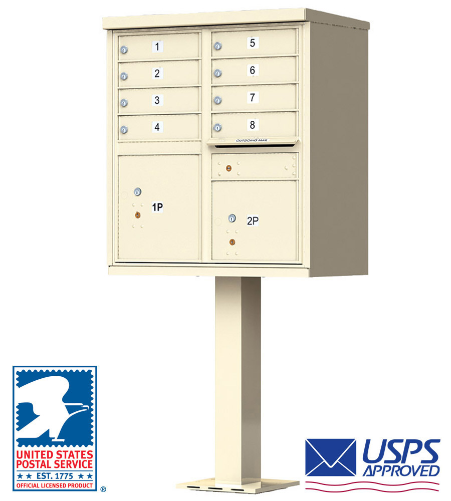 CBU 8-Door Cluster Mailbox Premium Package with Pedestal, Installation Anchors, Extra Lock w/ Keys, and 2 Parcel Lockers