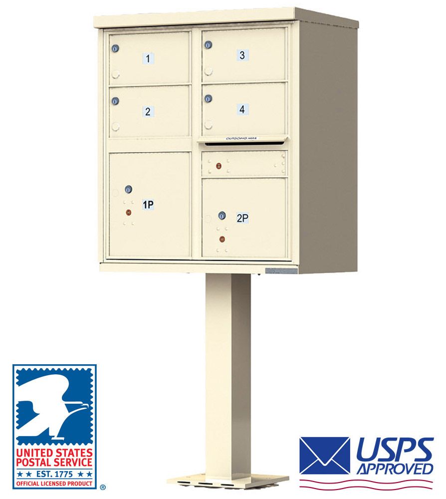 4 Door USPS Cluster Mailbox CBU with 2 Parcel Lockers, Pedestal Includ
