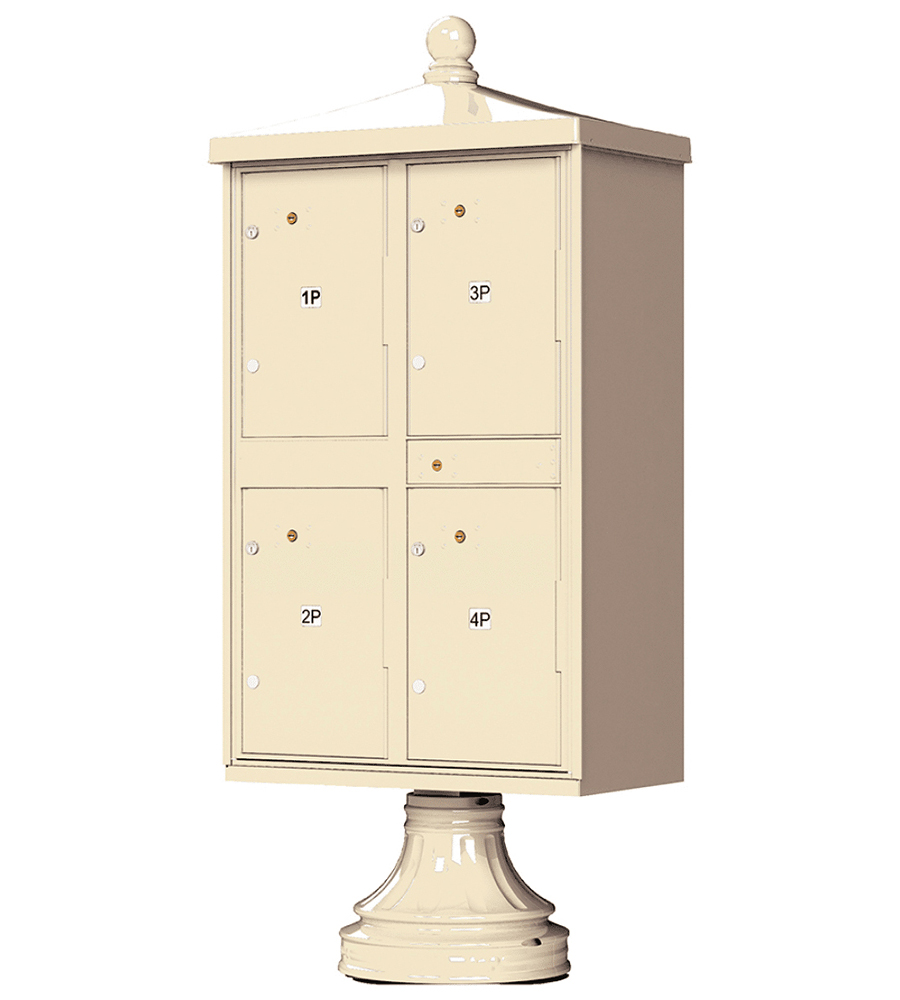 Cluster Mailbox CBU with 4 Parcel Lockers, Decorative Finial and Round Pedestal Included, by Florence - USPS Approved