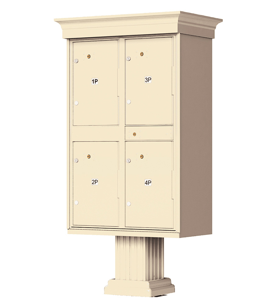 Cluster Mailbox CBU with 4 Parcel Lockers, Decorative Crown and Column Pedestal Included, by Florence - USPS Approved