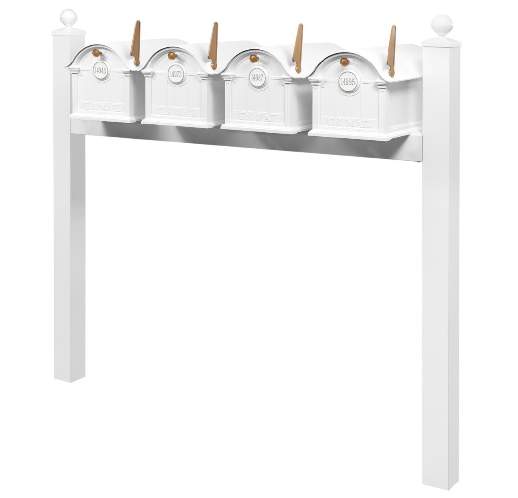 Balmoral Quad Mount Mailbox Set with Personalized Door Medallions & Ball Finials – Available in Black, Bronze, and White