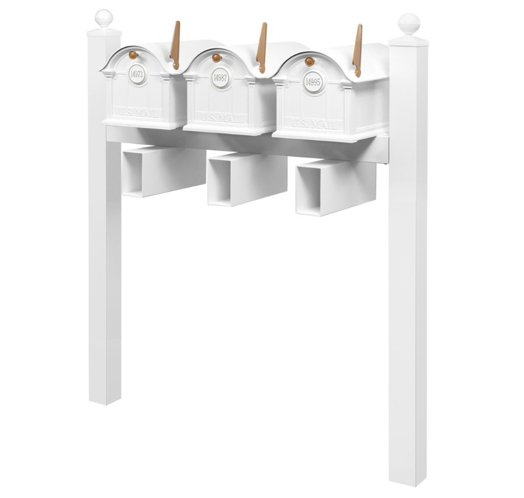 Balmoral Triple Mount Mailbox Set with Personalized Door Medallions, Newspaper Holders & Ball Finials – Available in Black, Bronze, and White