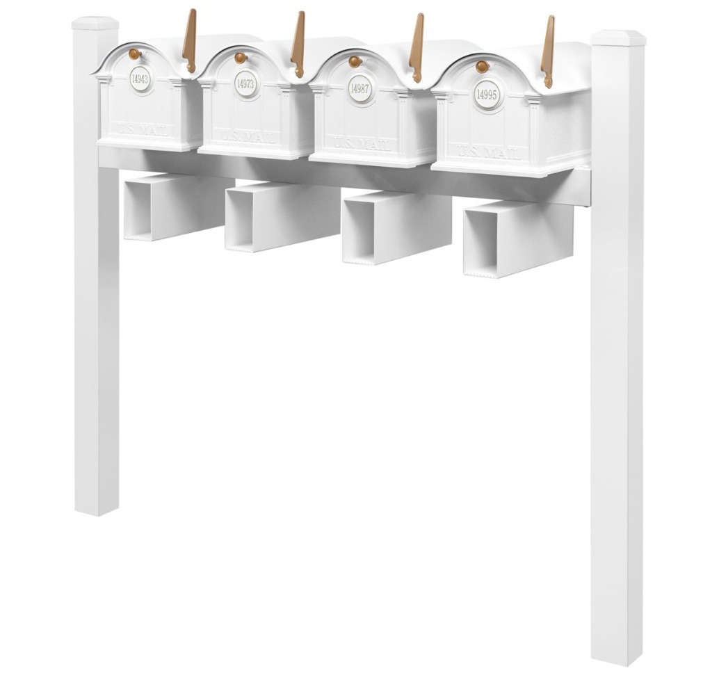 Balmoral Quad Mount Mailbox Set with Personalized Door Medallions, Newspaper Holders & Cap Finials – Available in Black, Bronze, and White