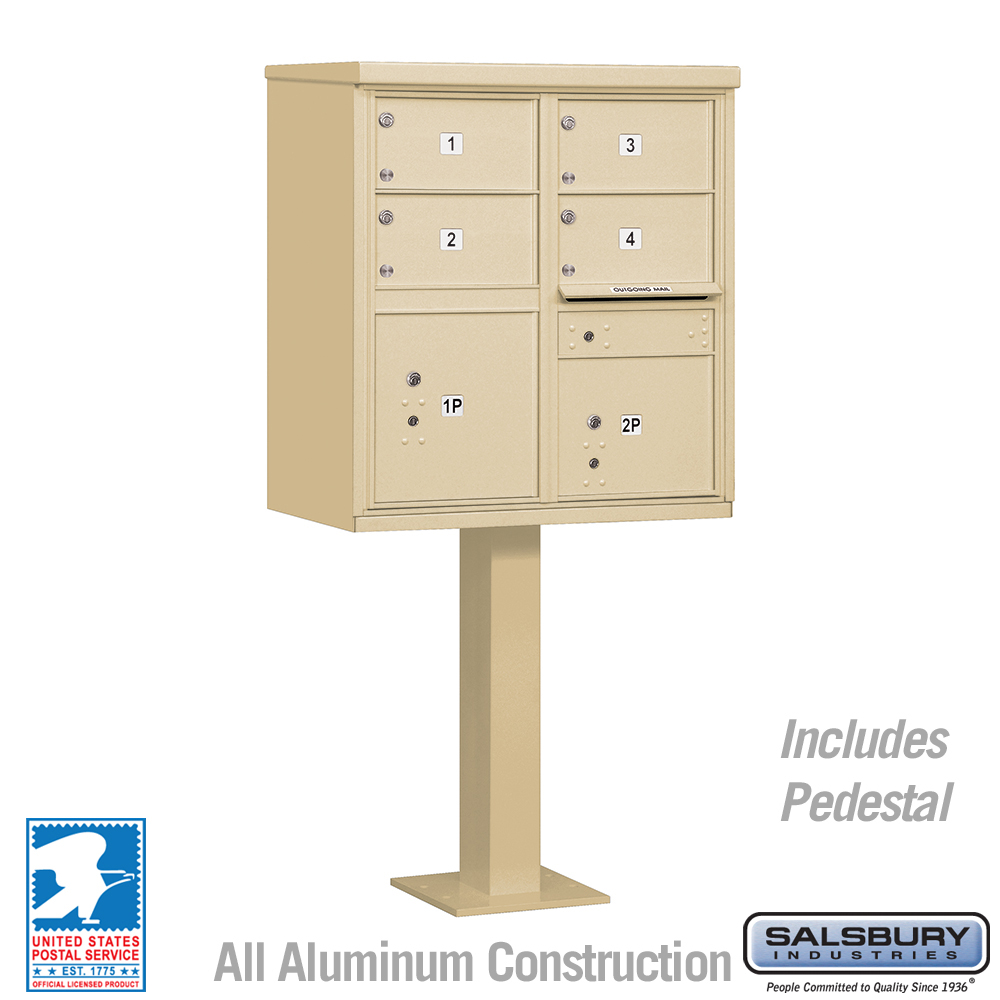 Salsbury 3305-U 4 Door Cluster Mailbox Premium Package with Pedestal, Installation Anchors, Extra Lock w/ Keys, and 2 Parcel Lockers