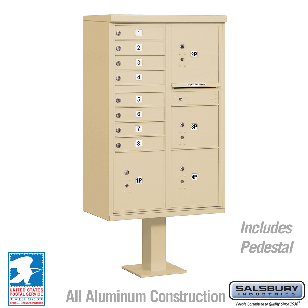Salsbury 3306-U 8 Door Cluster Mailbox Premium Package with Pedestal, Installation Anchors, Extra Lock w/ Keys, and 4 Parcel Lockers